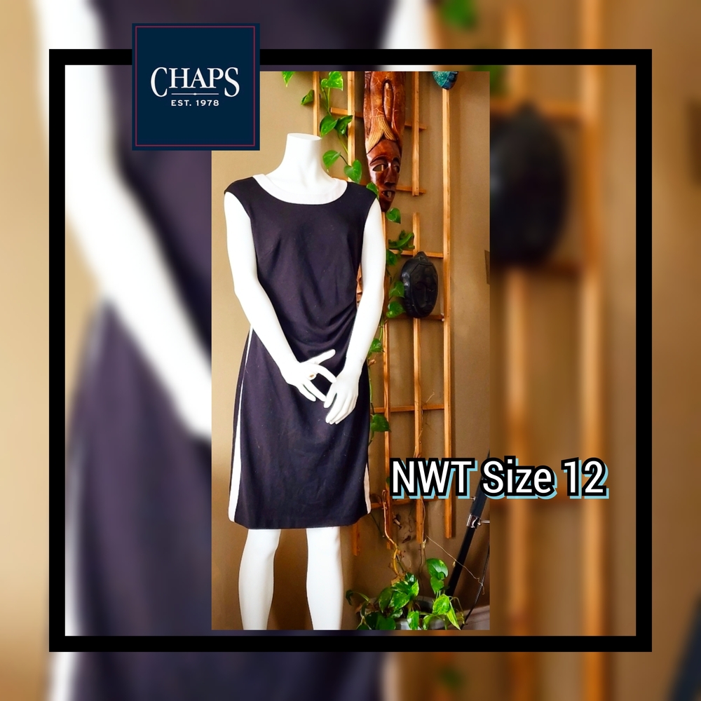 β¨οΈ NWT Chaps Black Mini Dress with Cream Trim - Sleek Sleeveless Shiftβ¨οΈ - Picture 2 of 9
